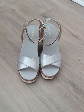 Cole Haan Silver Leather and Rope Wedge Sandals with Ankle Strap